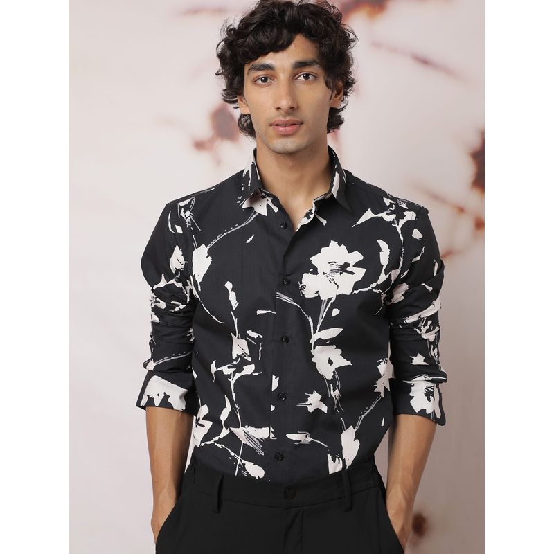 RARE RABBIT Sketcher Black Brush Stroke Floral Print Shirt (L)