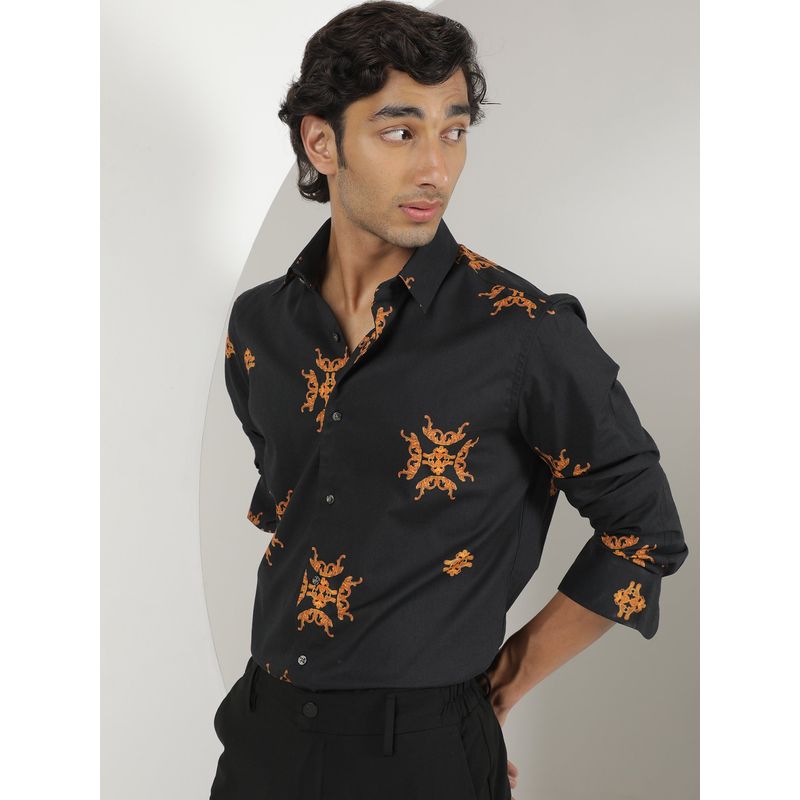 RARE RABBIT Viceroy Black Slim Fit Printed Men Shirt (L)