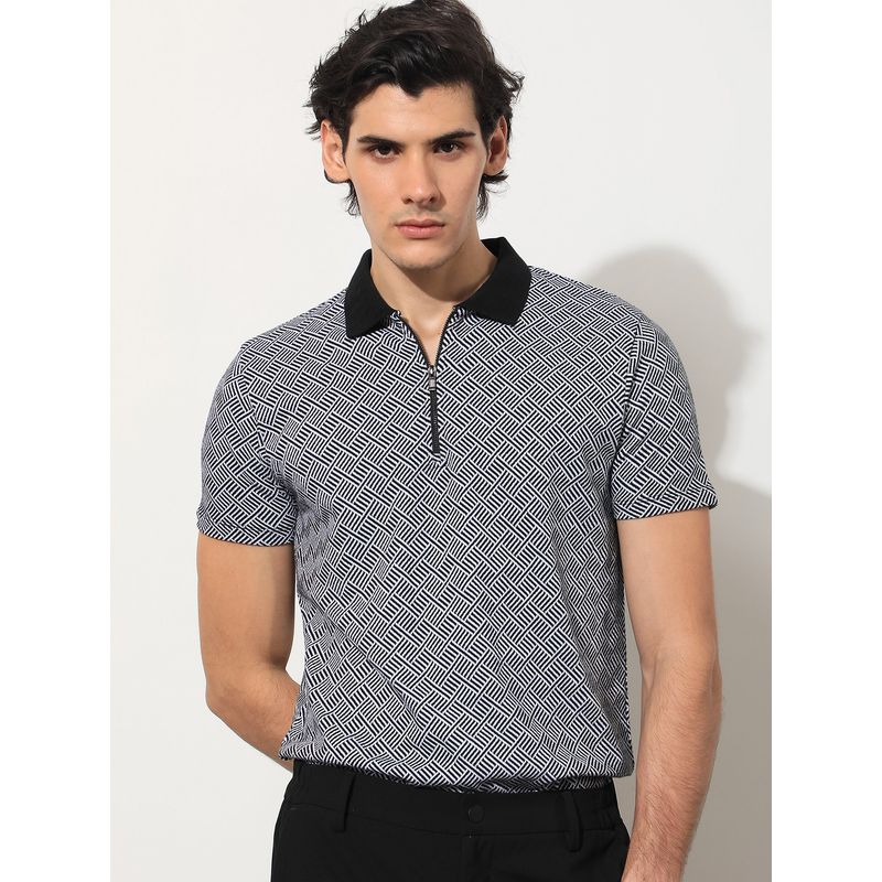 RARE RABBIT Cabetta Black Jacquard Polo T-Shirt with Zip Detail (XL)