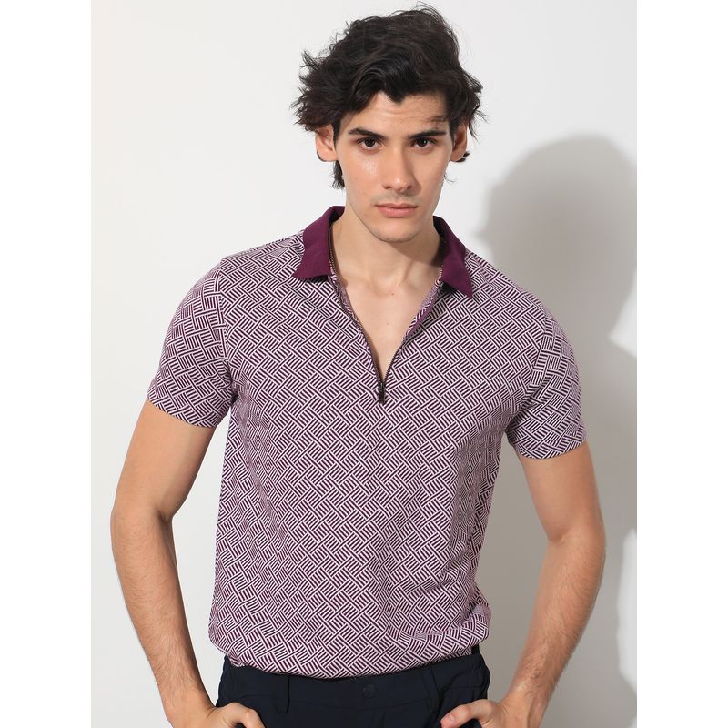 RARE RABBIT Cabetta Purple Jacquard Polo T-Shirt with Zip Detail (M)