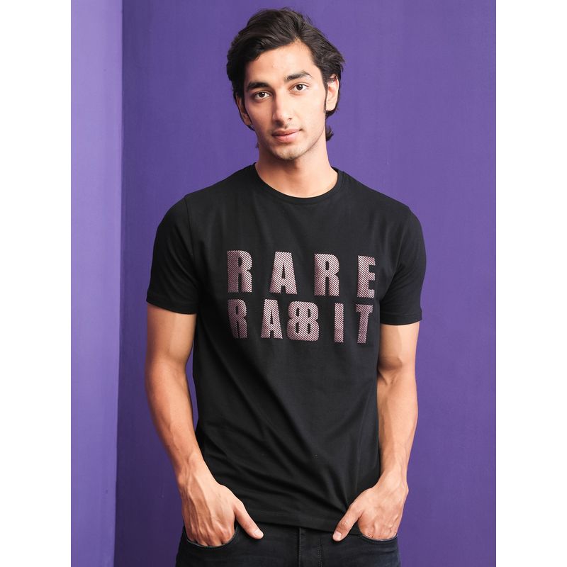 RARE RABBIT Electric Black Graphic Print Men T-Shirt (L)