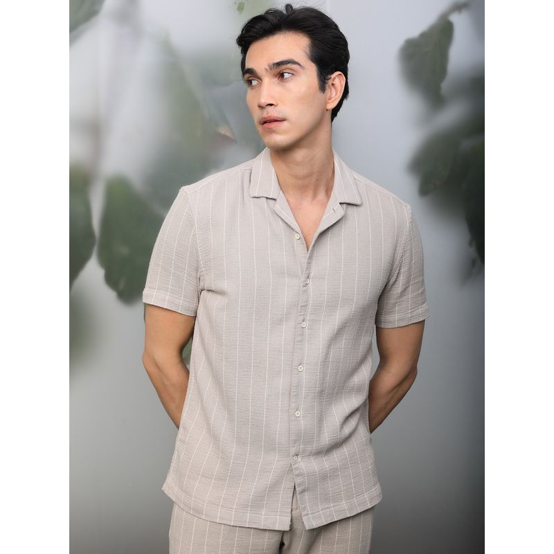 RARE RABBIT Nano Beige Cotton Dobby Striped Shirt (M)