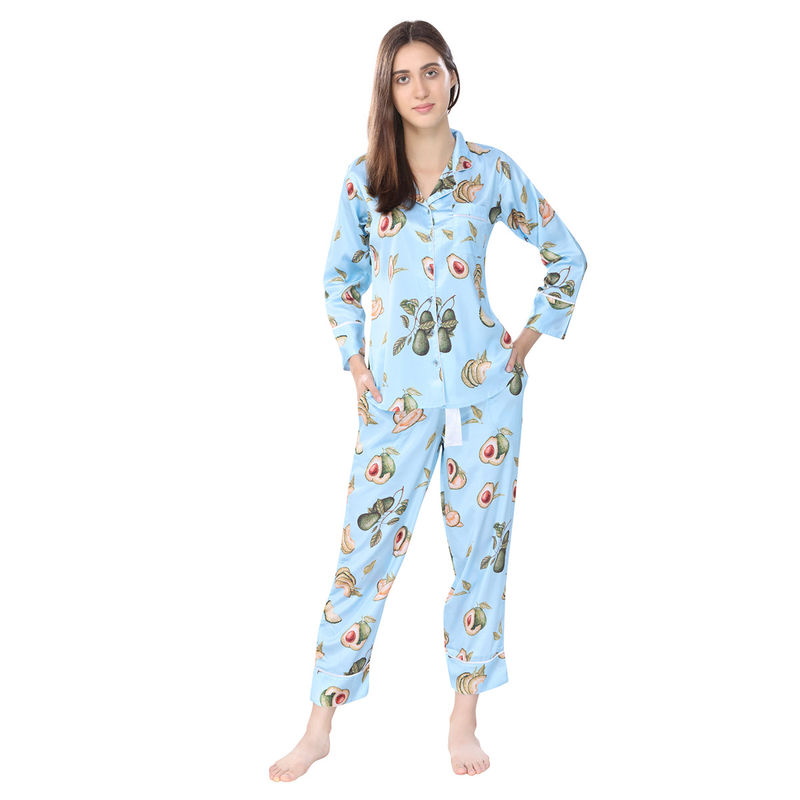 PIU Women's Satin AVOCADO Printed Pajama Set - Blue (M)