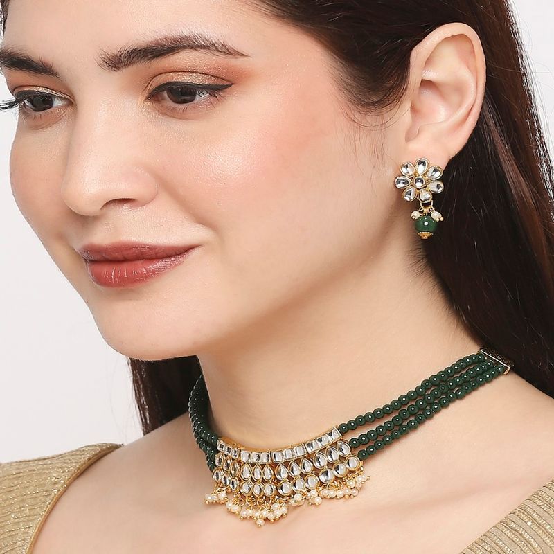 Green layered kundan choker sales necklace set