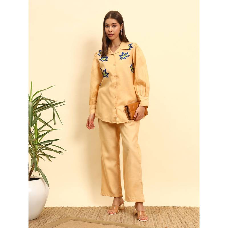 SEPHANI Mustard Embroidered Nightsuit Set (M)