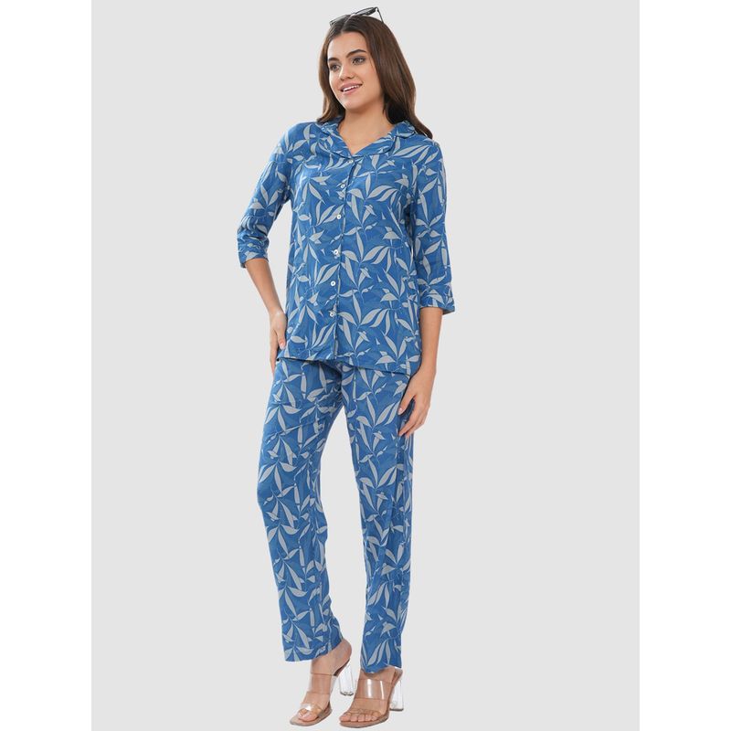 Bonjour Womens Printed Cotton Lounge Wear Shirt and Pyjama Night Suit (S)
