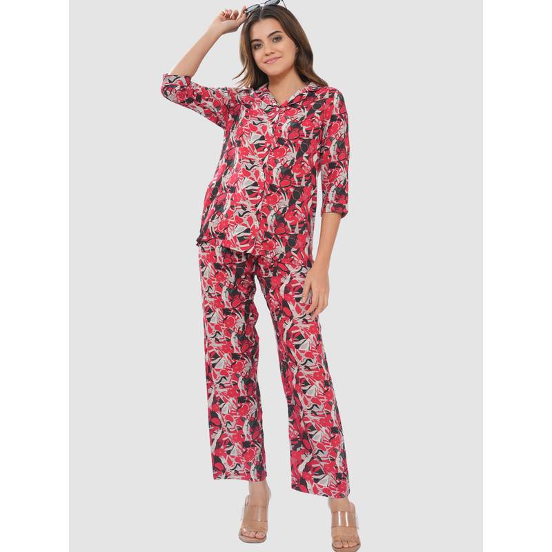 Bonjour Womens Printed Cotton Lounge Wear Shirt and Pyjama Night Suit (S)
