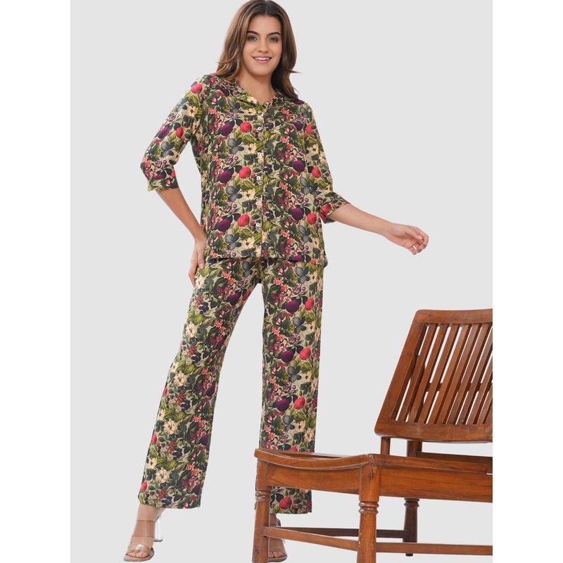 Bonjour Womens Printed Cotton Lounge Wear Shirt and Pyjama Night Suit (S)