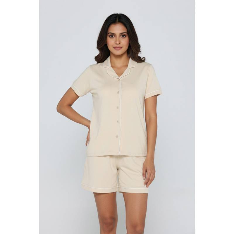 Zivame Tencel Knit Cotton Short Set - Parchment (S)