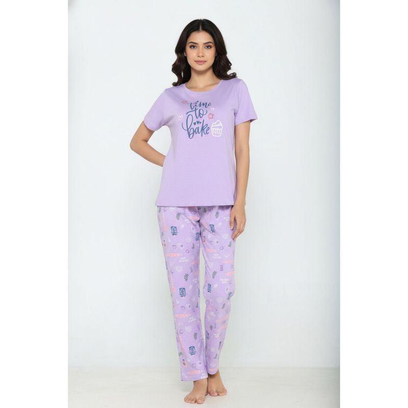 Zivame Farm Lore Knit Cotton Pyjama Set - Lilac Breeze (S)