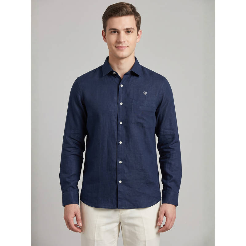 LINENWEAR Navy Blue Linen Blend Collar Neck Textured Shirt (S)
