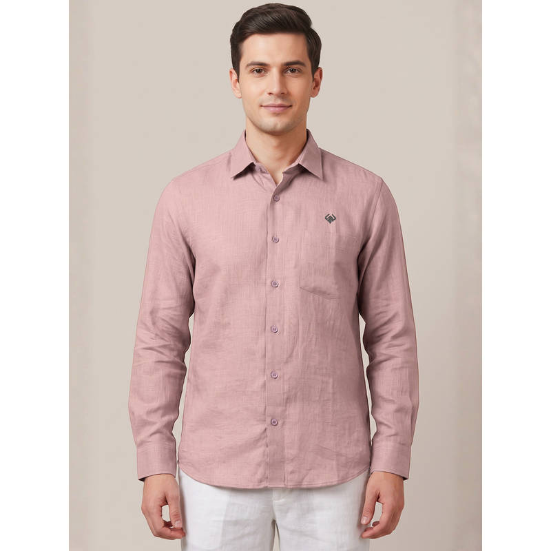 LINENWEAR Pink Self Design Full Sleeve Casual Shirt (M)
