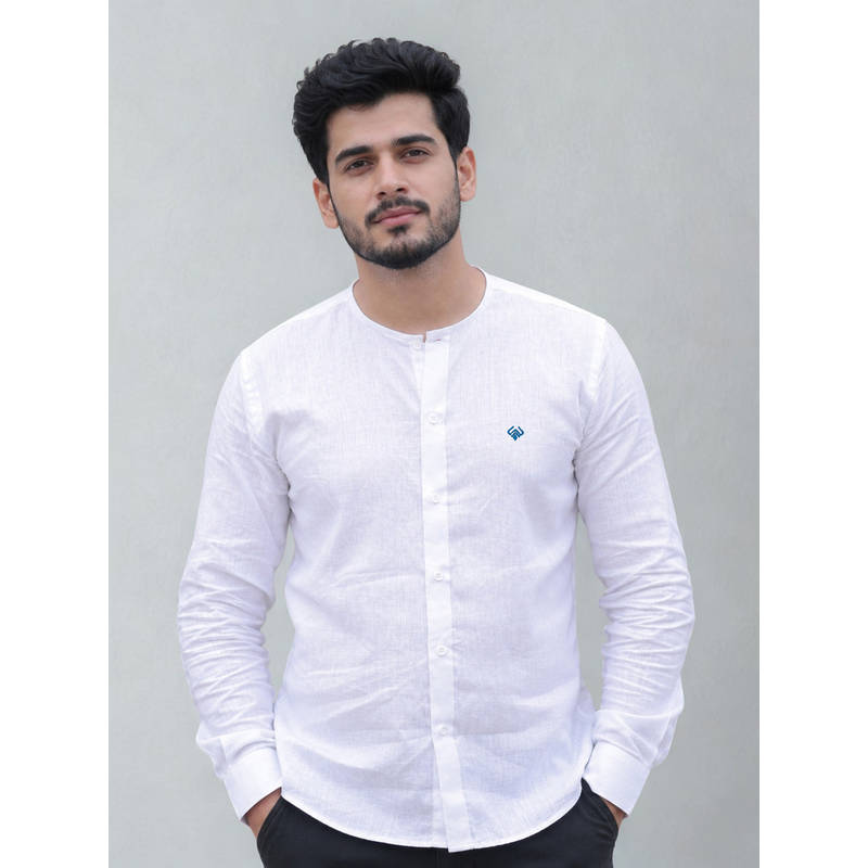 LINENWEAR Men's White Solid Mandarin Collar Regular Fit Shirt (S)