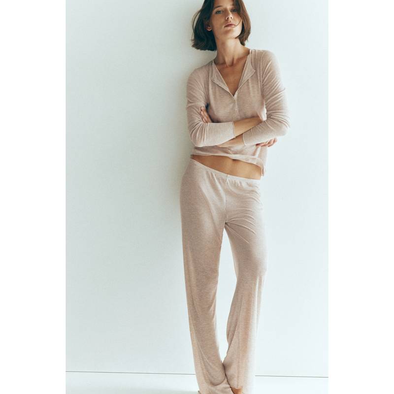 H&M Women Beige Ribbed Jersey Pyjamas (L)