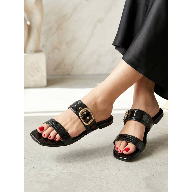 ELLE Women Black Dual-Strap Croc Textured Open Toe Flats (EURO 36)