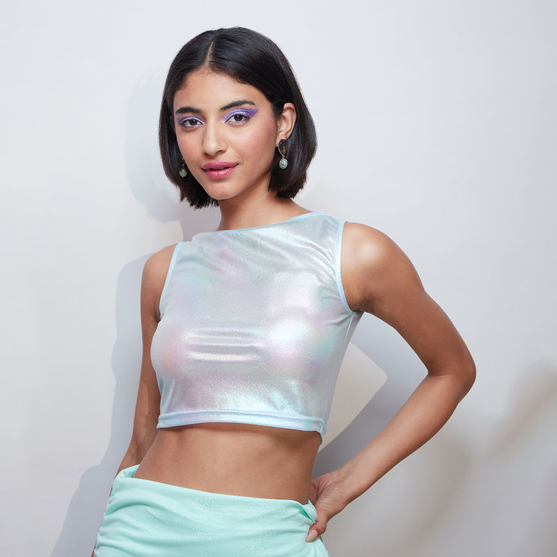 MIXT by Nykaa Fashion Holographic Round Neck Sleeveless Crop Top (S)