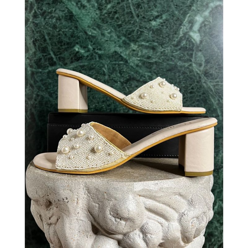 ELVIRAA White Pearl Slip On Sandal Heels (EURO 37)