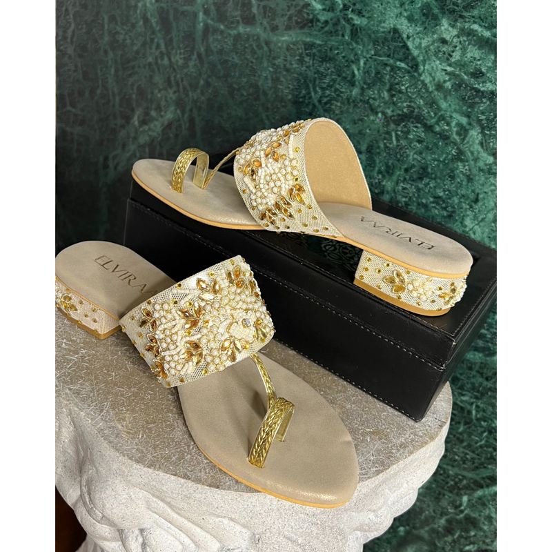 ELVIRAA Gold Embroidery Small Sandal Heels (EURO 38)