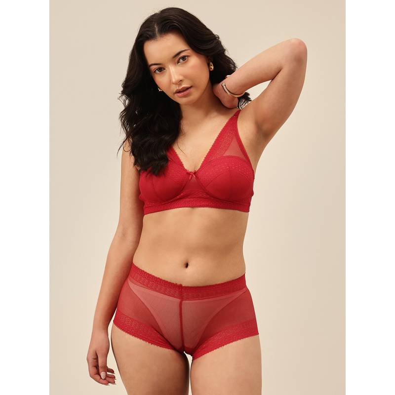 Chelvet Padded Non-Wired Lace Bralette with Boyshorts - Red (34C)