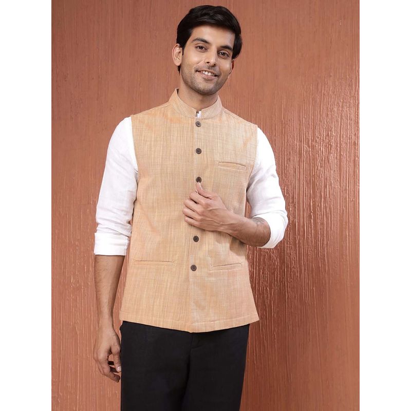 Fabindia Beige Cotton Woven Nehru Jacket (M)
