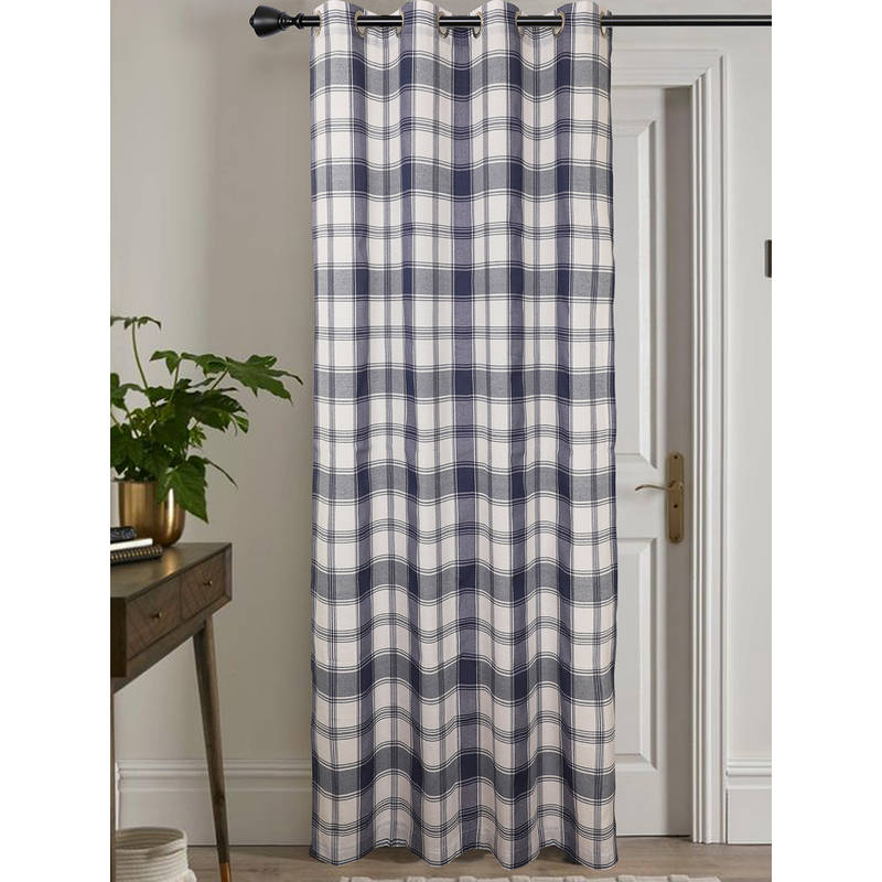 Jamio Firati Blue and White Plaid Check Single Curtain (5 Feet)