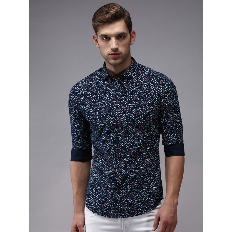 SHOWOFF Men Navy Blue Collar Neck Conversational Comfort Fit Shirt (M)