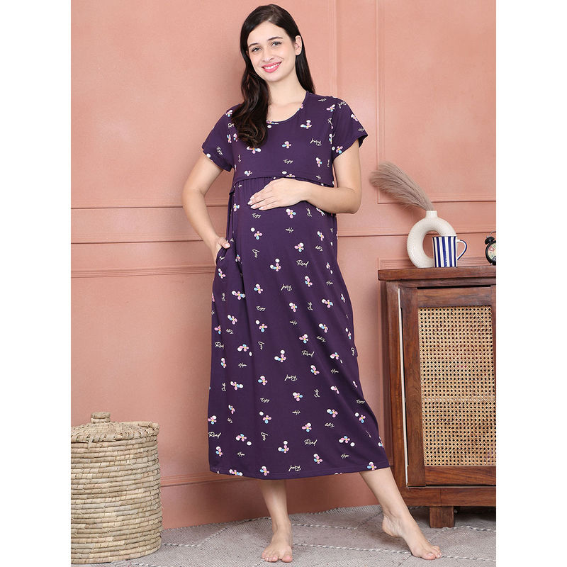 Secret Wish Purple Floral Hosiery Maternity Nighty (2XL)