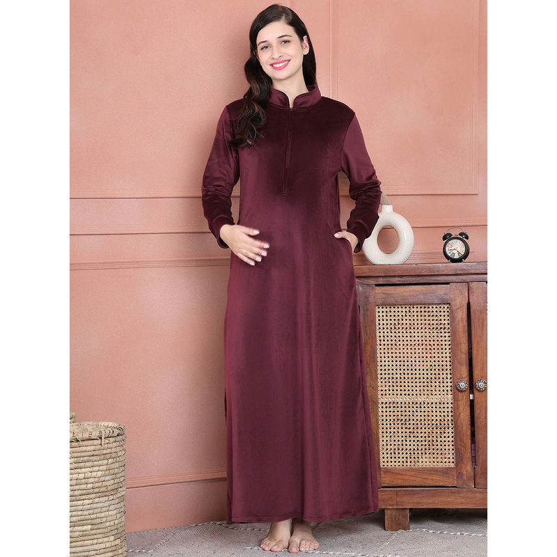 Secret Wish Burgundy Solid Velvet Maternity Nighty Full Length (2XL)