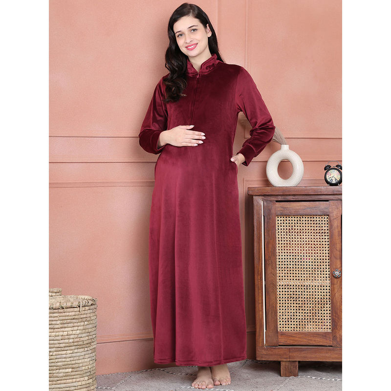 Secret Wish Maroon Solid Velvet Maternity Nighty Full Length (M)