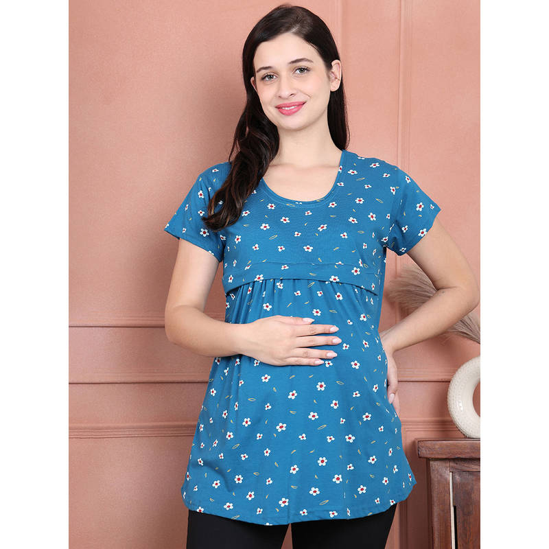 Secret Wish Blue Printed Hosiery Maternity Nursing Top (M)