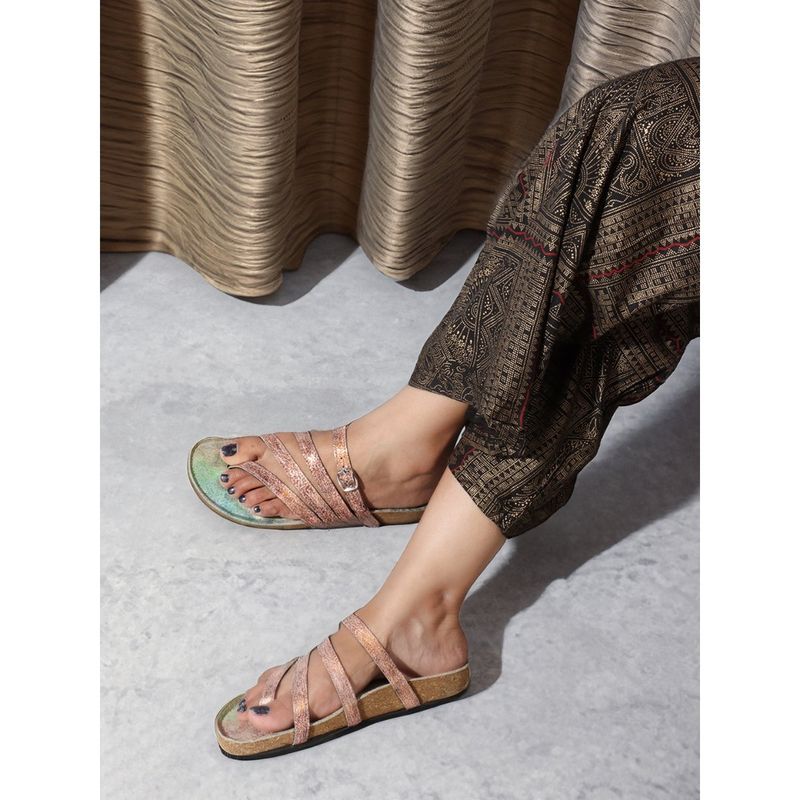 ELLE Rose Gold Round Toe Leather Women Sandals (EURO 38)