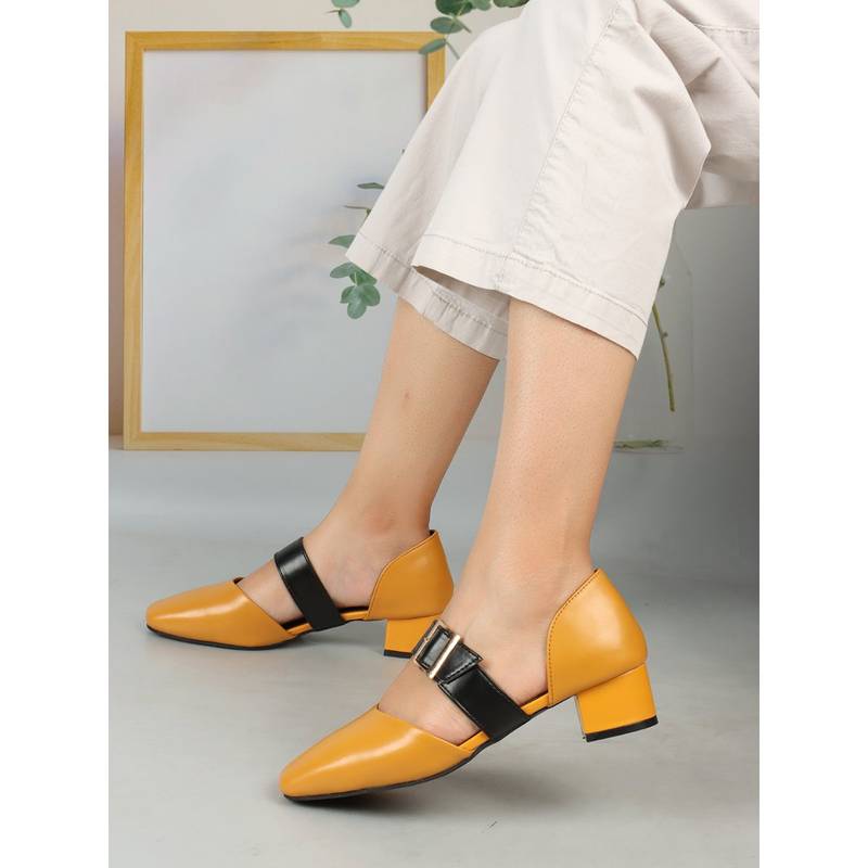 ELLE Mustard Square Toe Party Wear Pumps (EURO 36)