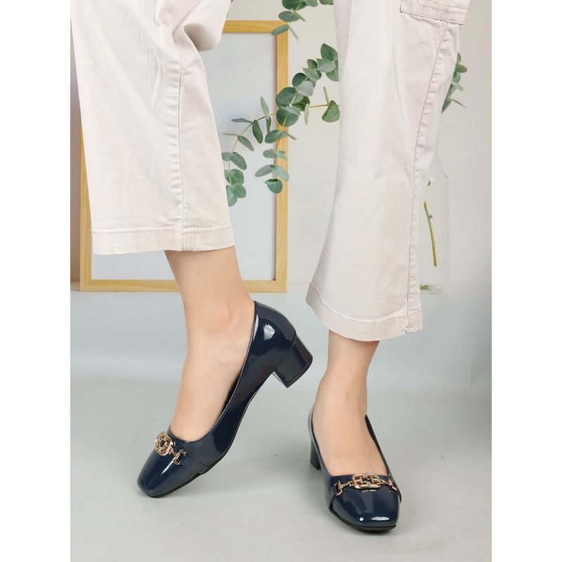 ELLE Navy Blue Square Toe Party Wear Pumps (EURO 36)