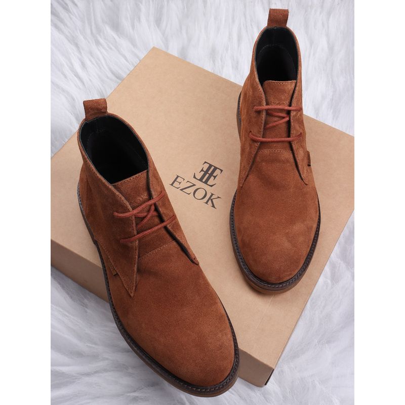 EZOK Men Snuff Brown Lace Up Solid Pattern Leather Boots (UK 8)