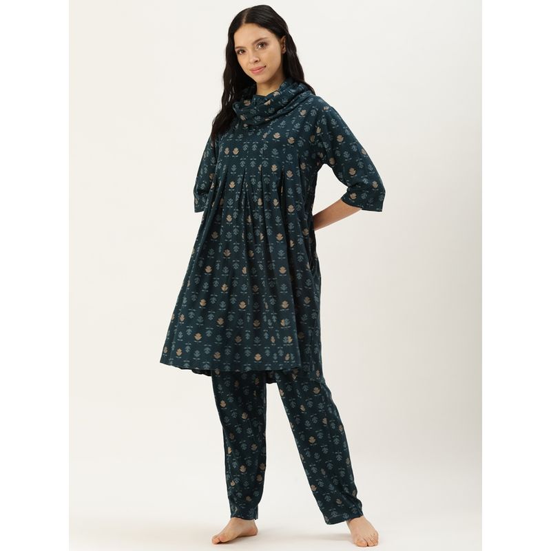 Clt.s Floral Blue Kurti and Pyjama (Set of 2) (M)
