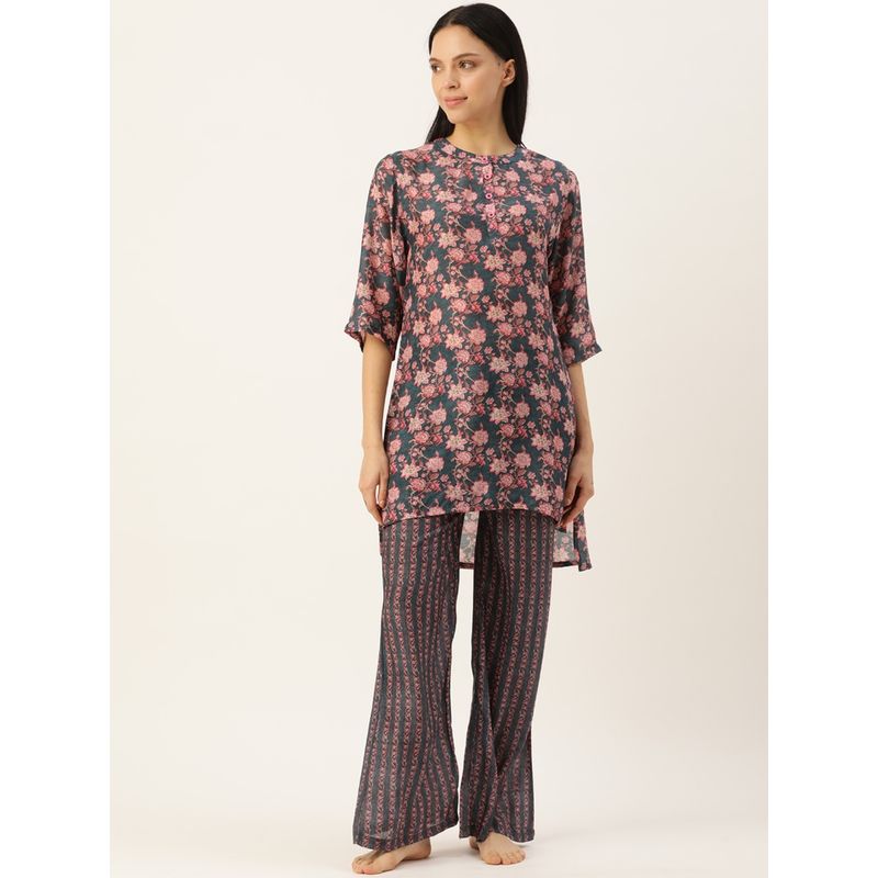 Blue Floral V-neck with Straight Sleeve Kurta with Palazzo Women Co-Ords Sets