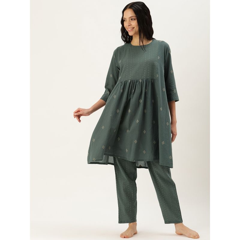 Clt.s Printed Green Kurti and Pyjama (Set of 2) (M)