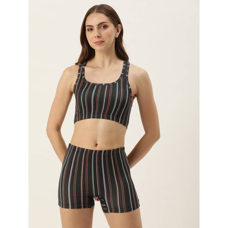 Clt.s Striped Women Black Beach Bikini Top and Bottom (Set of 2) (XL)