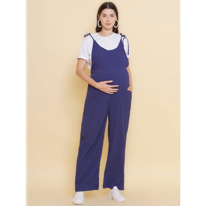 Mine4Nine Women Solid Blue Color Maternity Jumpsuit (2XL)