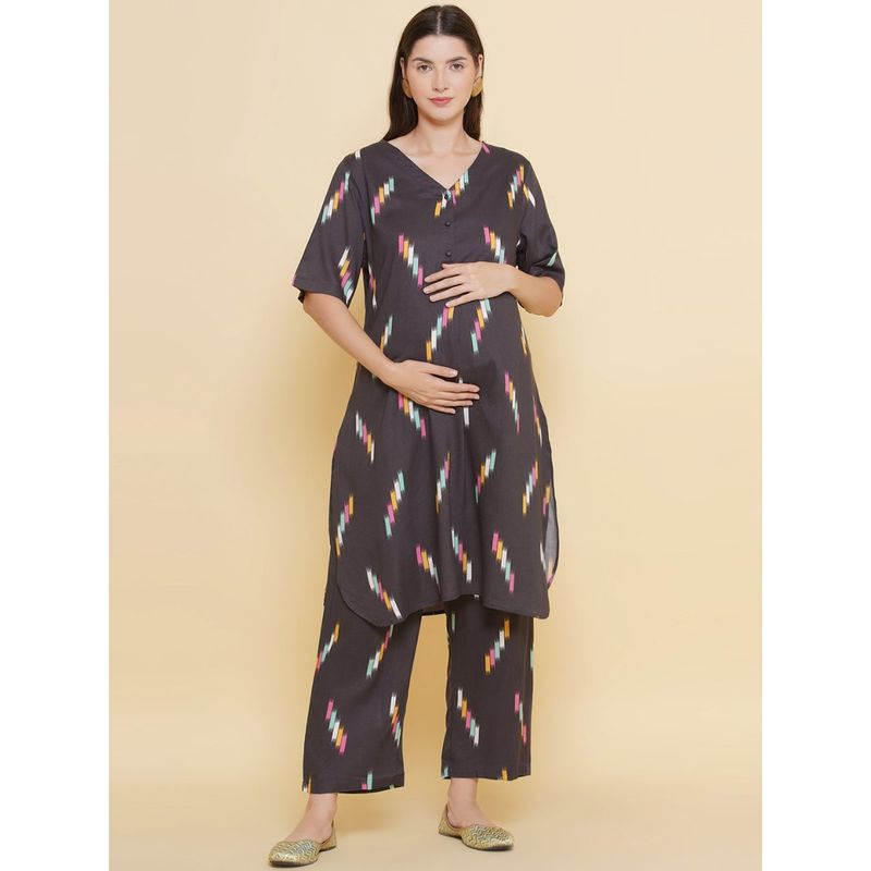 Mine4Nine Women Grey Color Printed Maternity & Nursing Kurta with Pyjama (Set of 2) (M)