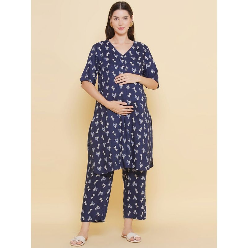 Mine4Nine Women Navy Blue Printed Pattern Maternity & Nursing Kurta with Pyjama (Set of 2) (2XL)