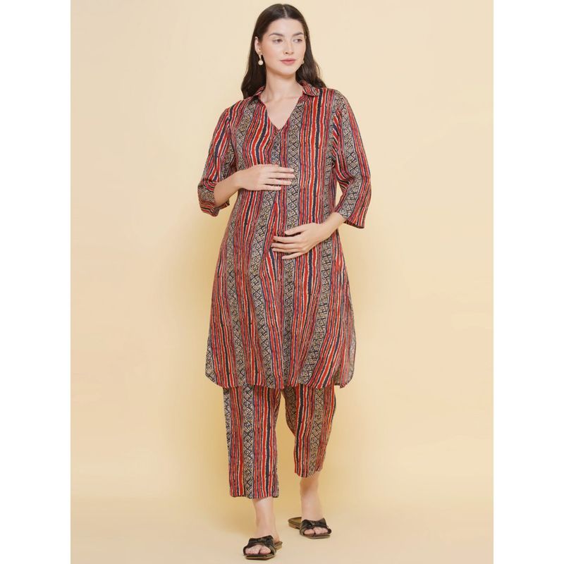 Mine4Nine Women Stripe Red Color Shirt Collar Maternity & Nursing Kurta with Pyjama (Set of 2) (M)