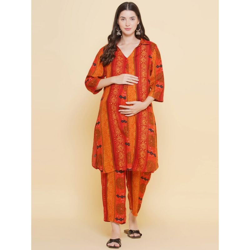 Mine4Nine Women Orange Shirt Collar Maternity & Nursing Kurta with Pyjama (Set of 2) (M)