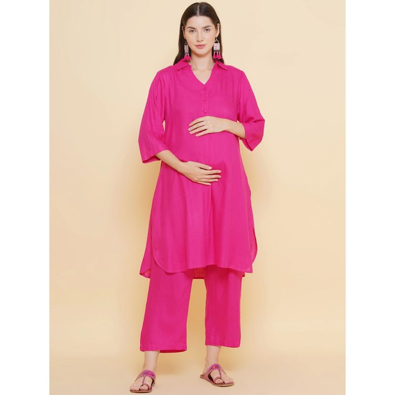 Mine4Nine Women Pink Color Shirt Collar Maternity & Nursing Kurta with Pyjama (Set of 2) (M)