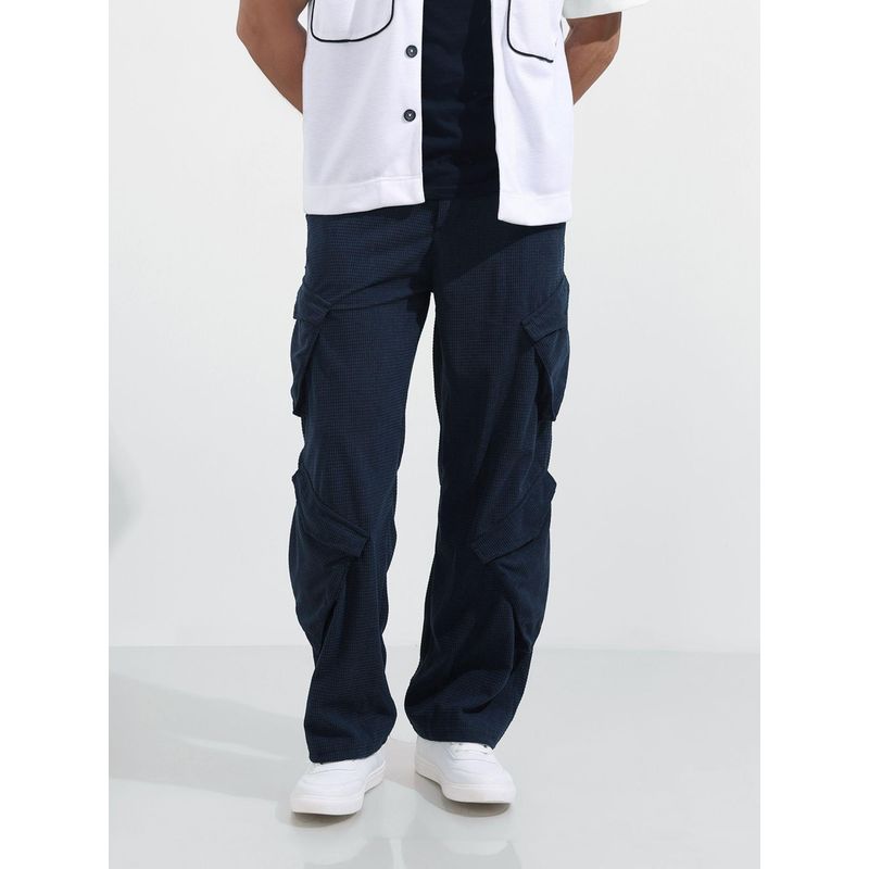 The Indian Garage Co Men Baggy Fit Textured Mid-Rise Blue Cargo (32)