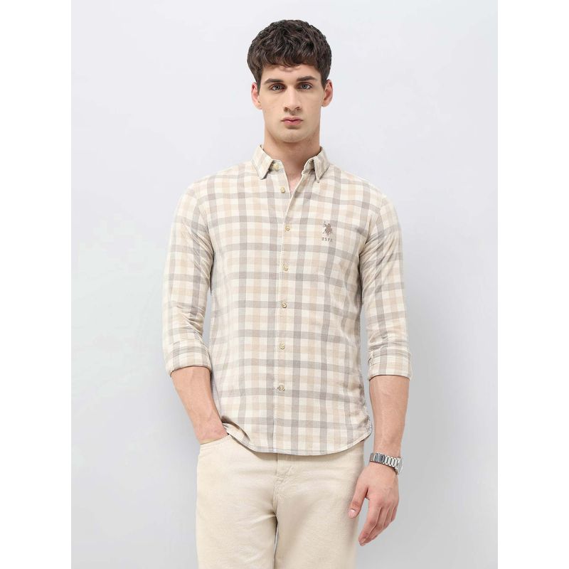 U.S. Polo Assn. Denim Co. Men's Grid Tattersall Checked Corduroy Beige Shirt (46)