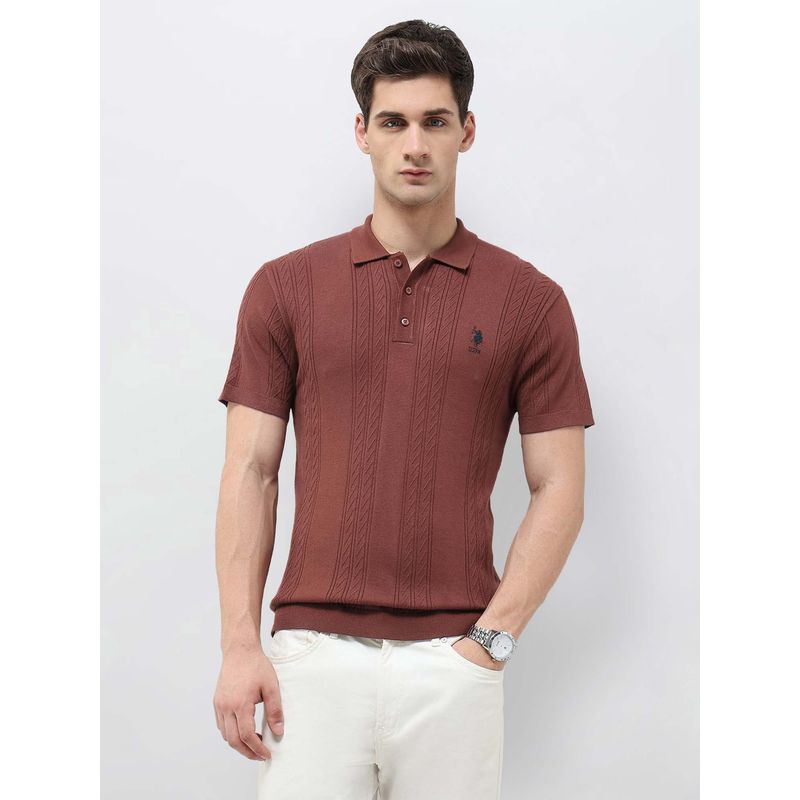 U.S. POLO ASSN. Men's Slim Fit Textured Brown Polo T-shirt (S)