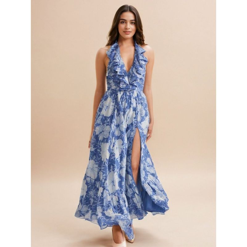 WomanLikeU Blue and White Floral Maxi Dress (S)