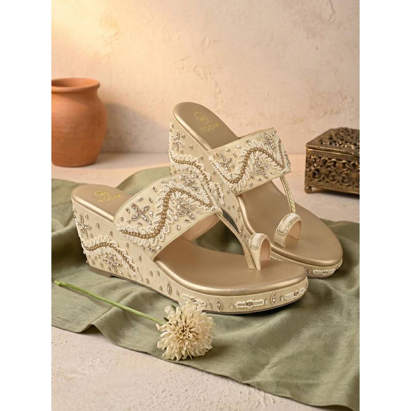 ROCIA By Regal Gold Women Heavy Embroidered Bridal Platform Wedges (EURO 36)