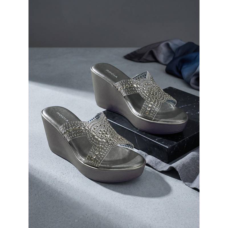 ROCIA By Regal Gun Metal Women Diamond Studded Vinyl Platform Wedges (EURO 36)